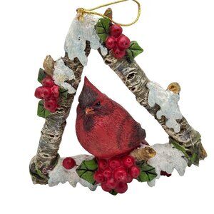 Cardinal Bird Ornament With Snowy Birch Frame & Red Berries Gift